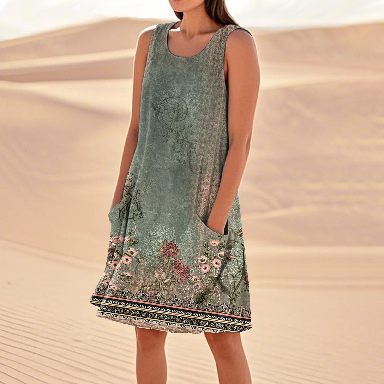 

Летние платья для женщин, свободные пляжные повседневные сарафаны без рукавов с карманами, платье-майка XXL зелёный