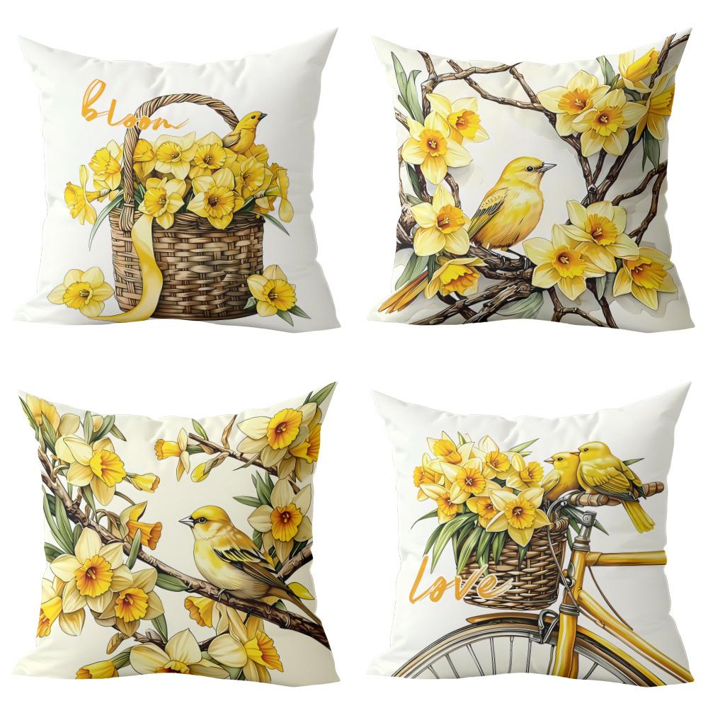 

4pcs Daffodils and Birds Design Pillowcases, Blooming with Vitality - Featuring Flowers in a Basket, Insert Not Included 35x35cm 4pcs