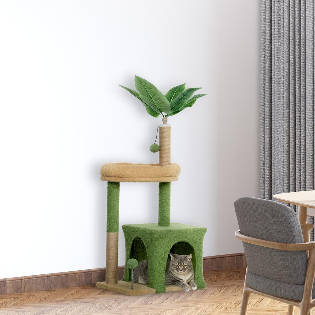 Cat Scratching Tree with House, Bed and 2 Balls, Made of Wood and Polyester, 44x30x98 cm, Green and Brown