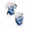 Women Plus Size Blue White Beige Printed Round Neck Short Sleeve Asymmetric Top Fitted Skirt Two Piece Set