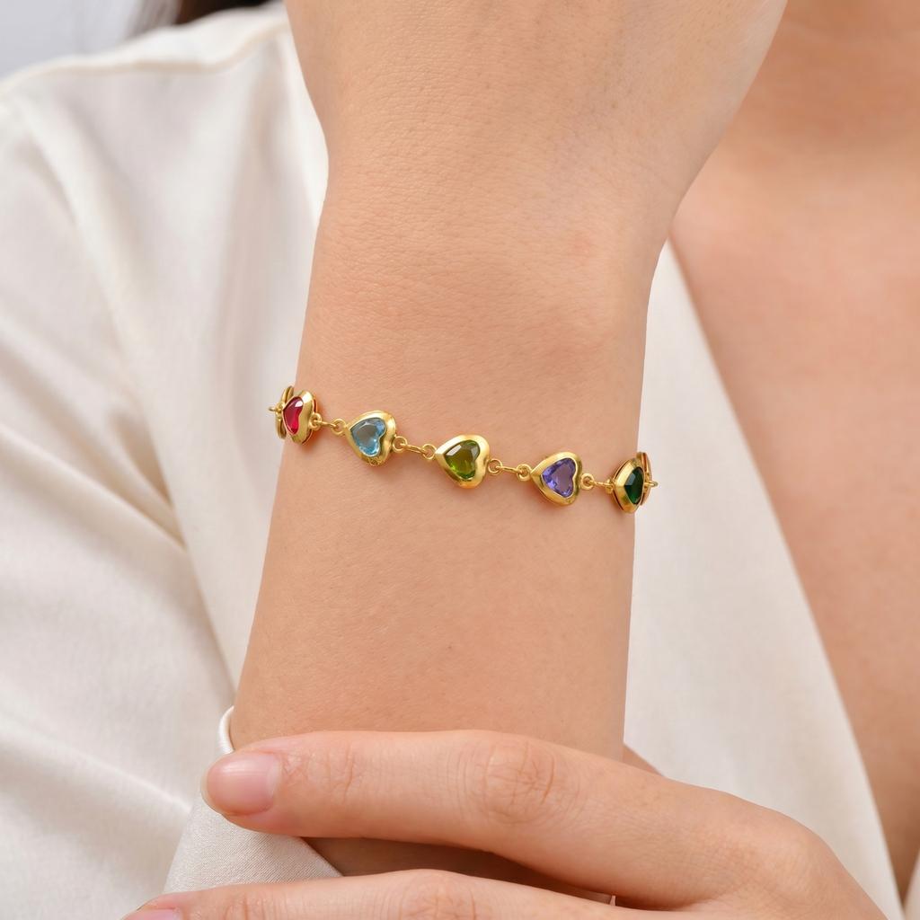 Heart Anklet Bracelet for Women Stainless Steel Colorful Zircon Gold Plated Waterproof Tarnish Free Summer Beach Luxury Jewelry