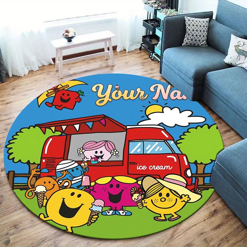 Mr. Men Little Miss Custom Name Round Area Rug,Carpet Rug for Living Room Bedroom Sofa Playroom Decor,Non-slip Floor Mat
