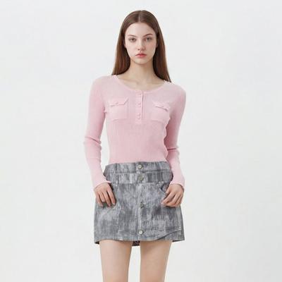 Rib Structure Sheer Henry Neck Knit Pullover  Es2kl462 