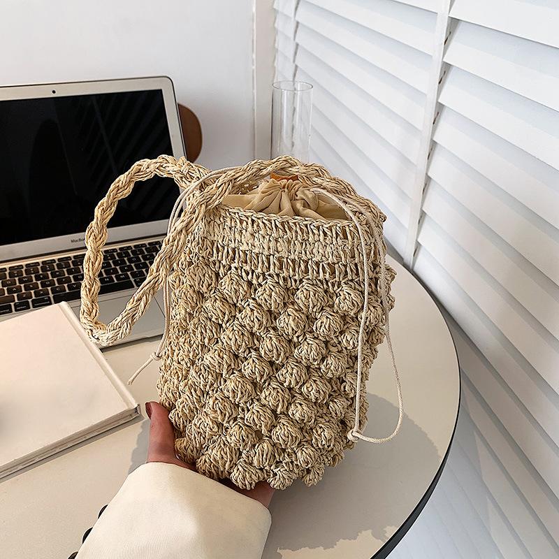 Yogodlns Summer Handmade Crossbody Bag for Women Beach Shoulder Bag Weaving Drawstring Straw Bucket Bag Female Travle Small Handbags Tote 18x15x22cm