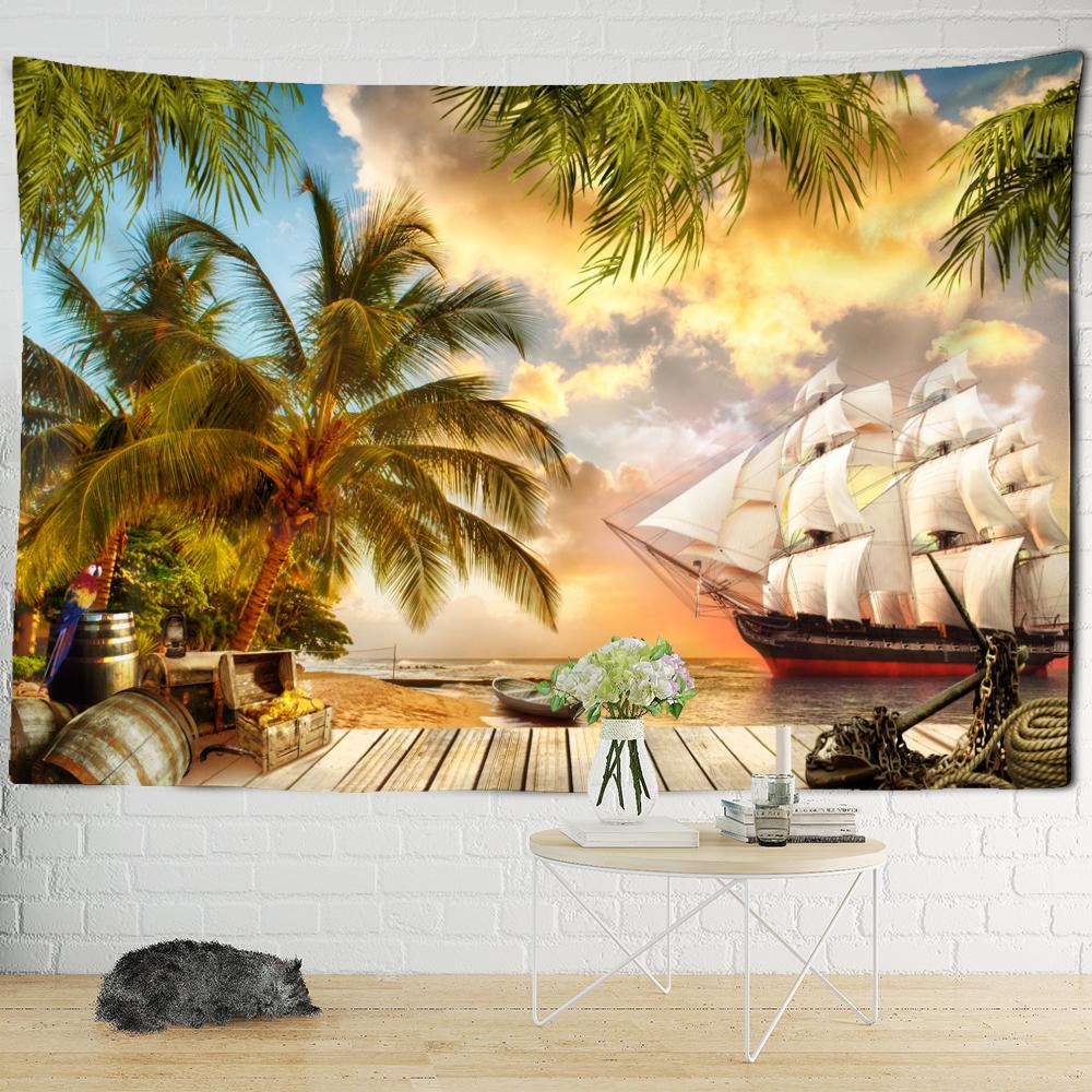 Sunset Coconut Tree Sailboat Tapestry Wall Hanging Boho Aesthetic Room Art Simple Dorm Living Room Decor