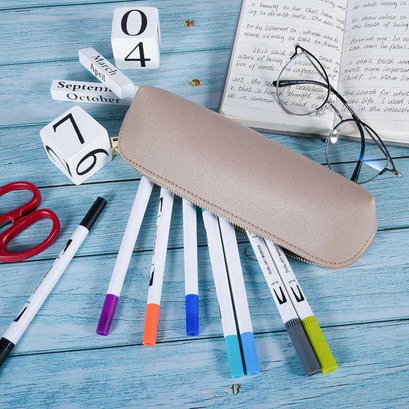 Slim PU Leather Pencil Case with Golden-Tone Metallic Zipper - Khaki School Supply Organizer, Large Capacity Pocket Book for, s, Office & College
