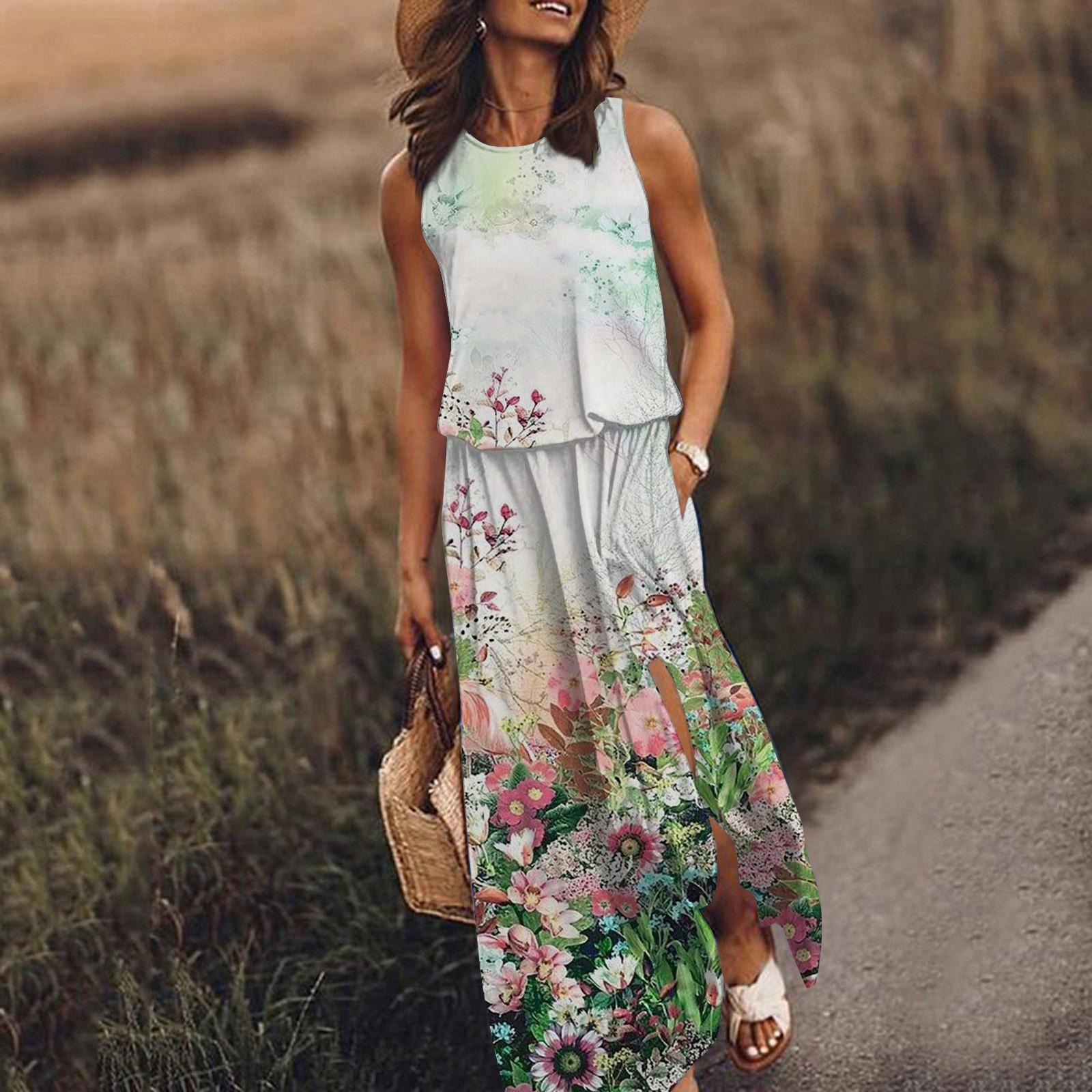 Summer Dress For Women Sleeveless With Elastic Waistband Stitching Printed Split Sexy Dress S