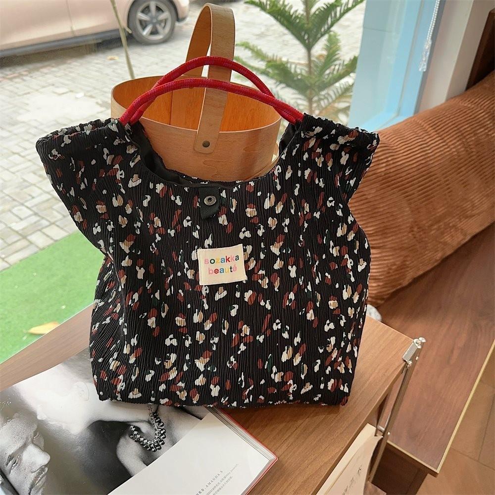 

Stylish Floral Print Canvas Tote Bag Large Capacity For Spring And Summer Shopping Black Floral