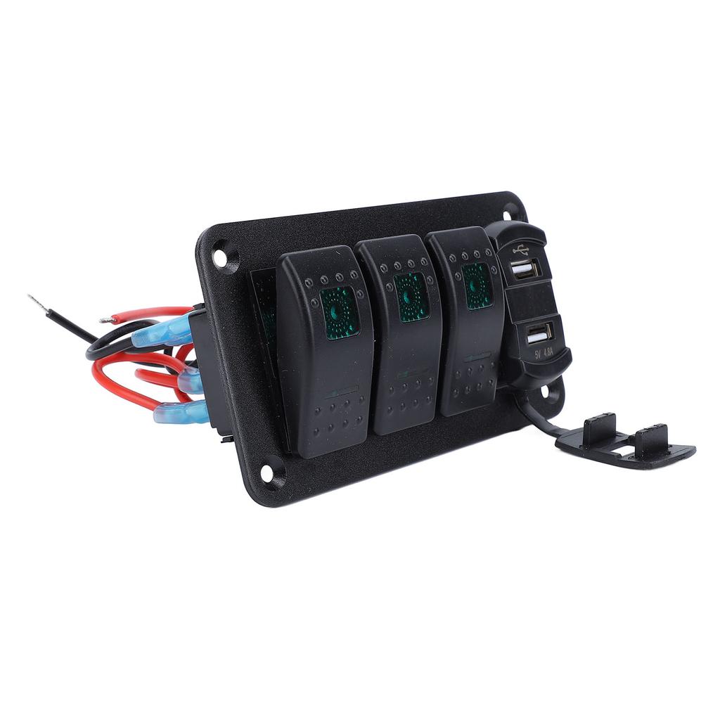 12V 24V 3 Gang Rocker Switch Aluminum Panel with Voltmeter Dual USB Fast Charging Multifuntional Switch Panel for Boat