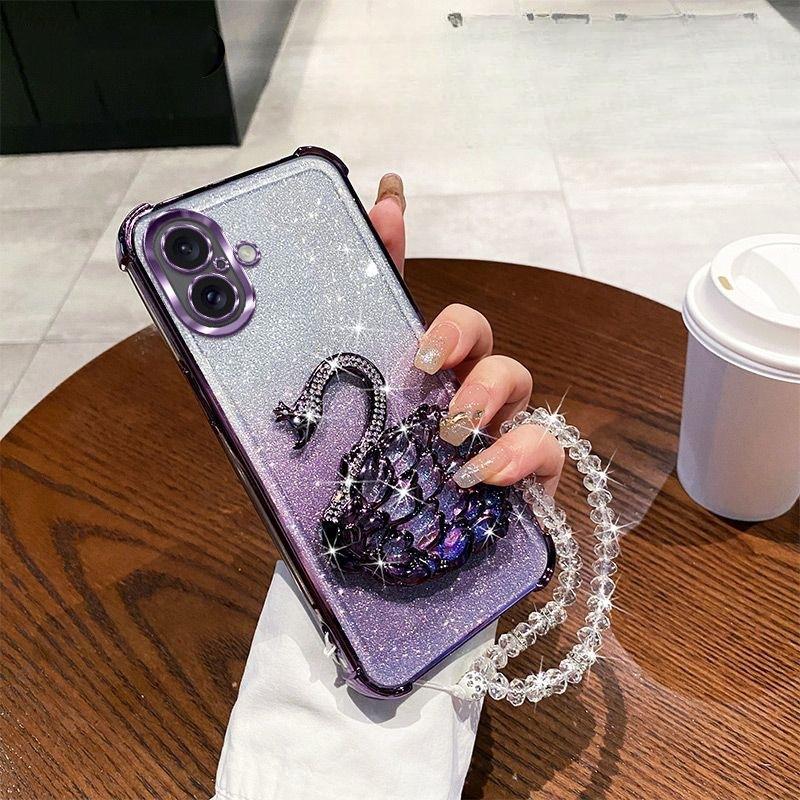 Suitable for Rhinestone Swan Bracket Apple 16Pro Mobile Phone Case 14 Electroplated IPhone 15 Four Corner Anti-fall Cover 3
