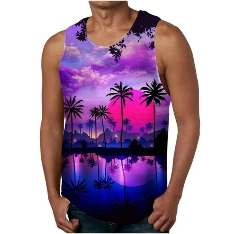 3D Printed Color Gradient Sunset Men's Vest with Plant Pattern T-shirt, Summer Loose Vacation Street Sports Top, Round Neck Vest