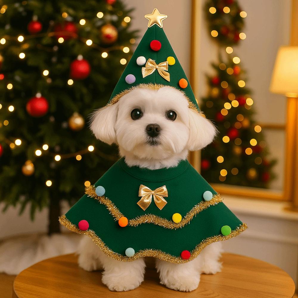 Cartoon Christmas Dog Cape Christmas Tree Design Polyester Pet Cloak Unique Adjustable Pet Christmas Clothing Festive Style