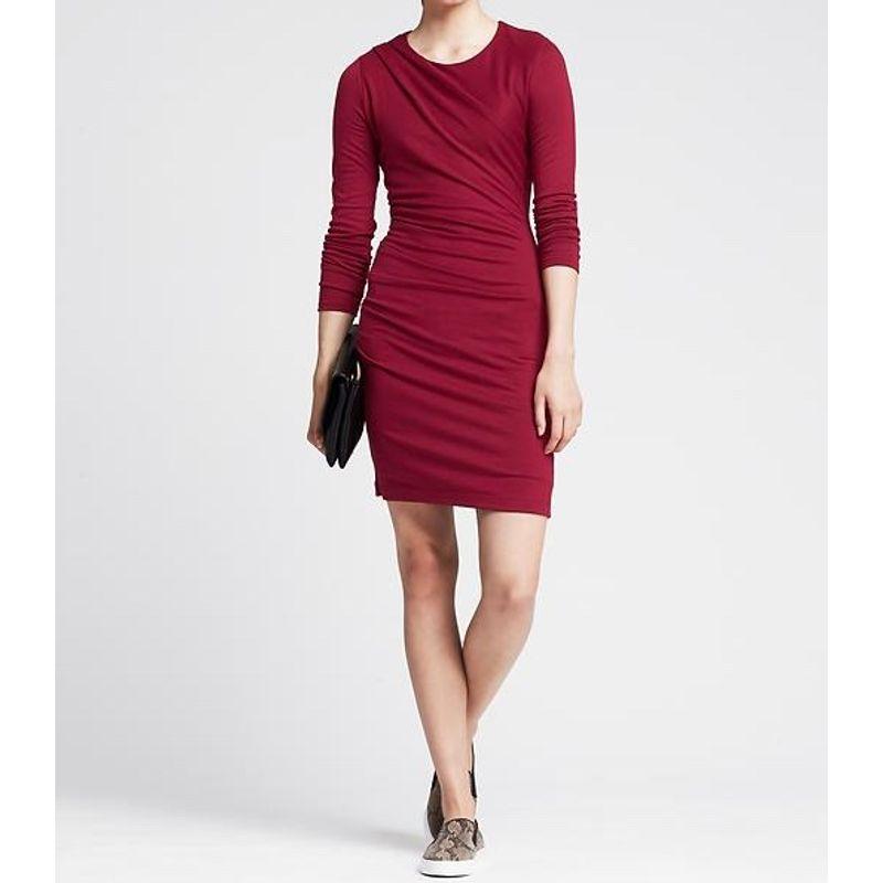 

Export Single round Neck Long Sleeves Ruched Personalized Fashionable All-Match Slim Looking Sheath Work Clothing Spring New Arrival White Dress Burgundy L