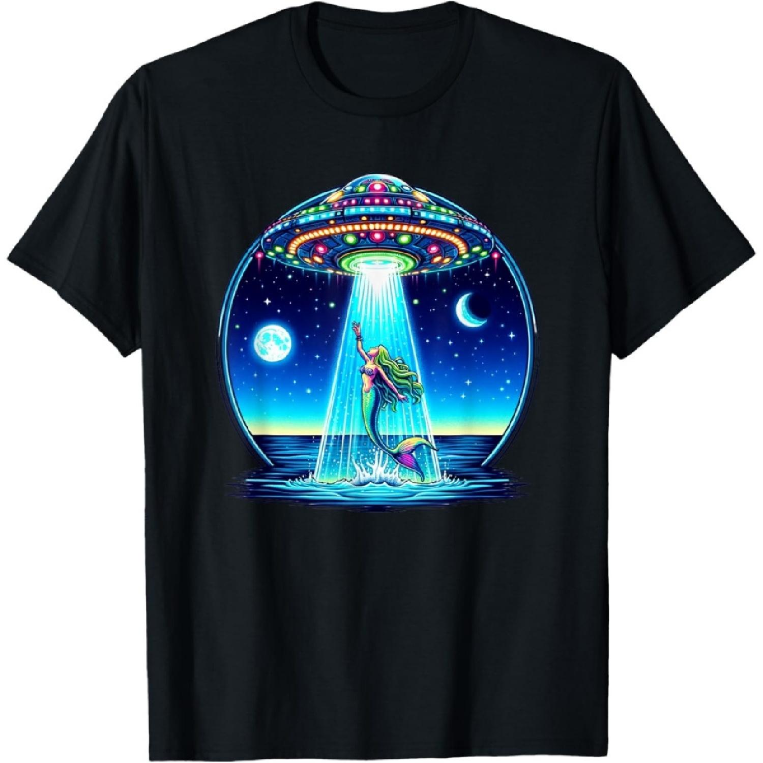 Mermaid Abduction Alien Invasion Funny UFO Spaceship T-Shirt S