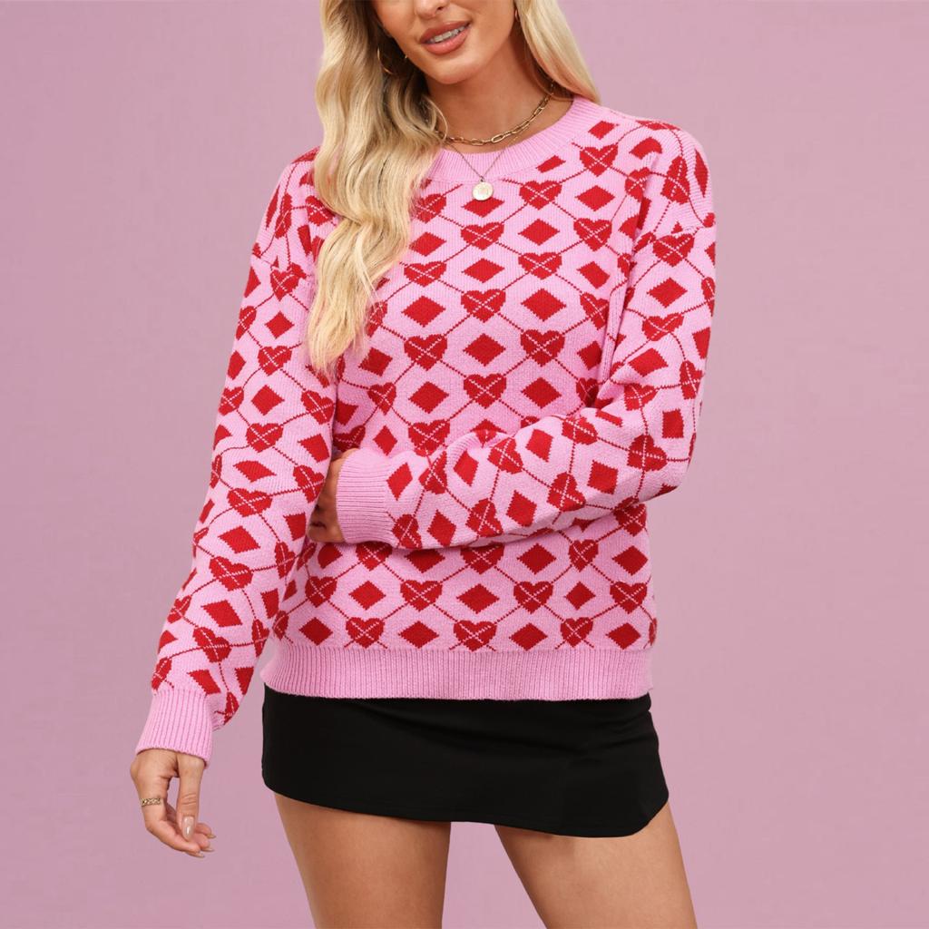 Women's Fashionable Round Neck Long Sleeved Heart-shaped Pullover, Contrasting Color Pullover, Sweater Top