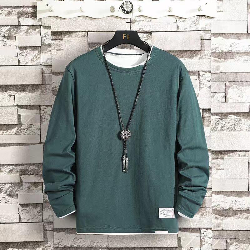 

Spring Autumn Round Neck Fake Two Pieces Cotton T-shirt Male Long Sleeve Casual Fashion Sweatshirt Men Tee Top 4XL джинсовий синього кольору