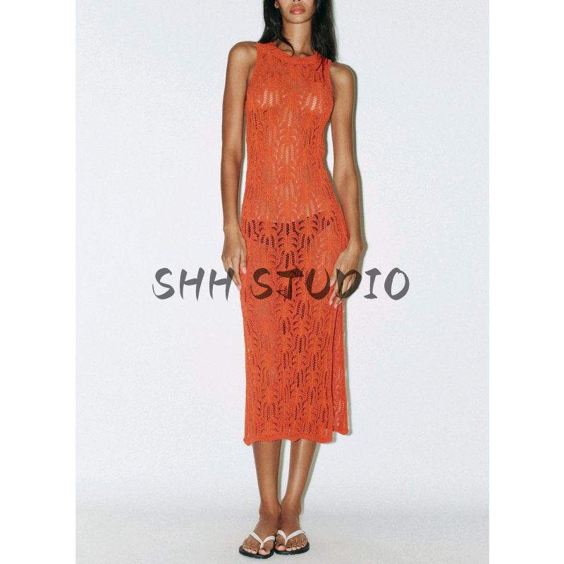 Summer New Product Women's Clothes Seaside Vacation Style Jacquard Mesh Knitting Round Neck Midi Skirt Dress 1822026