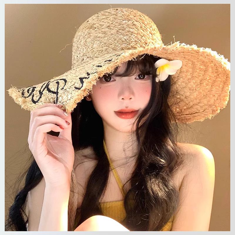 Hollow Lafite Straw Hat Women's Summer Seaside Beach Sunshade Sunscreen Hat Big Brim Sun Hat New