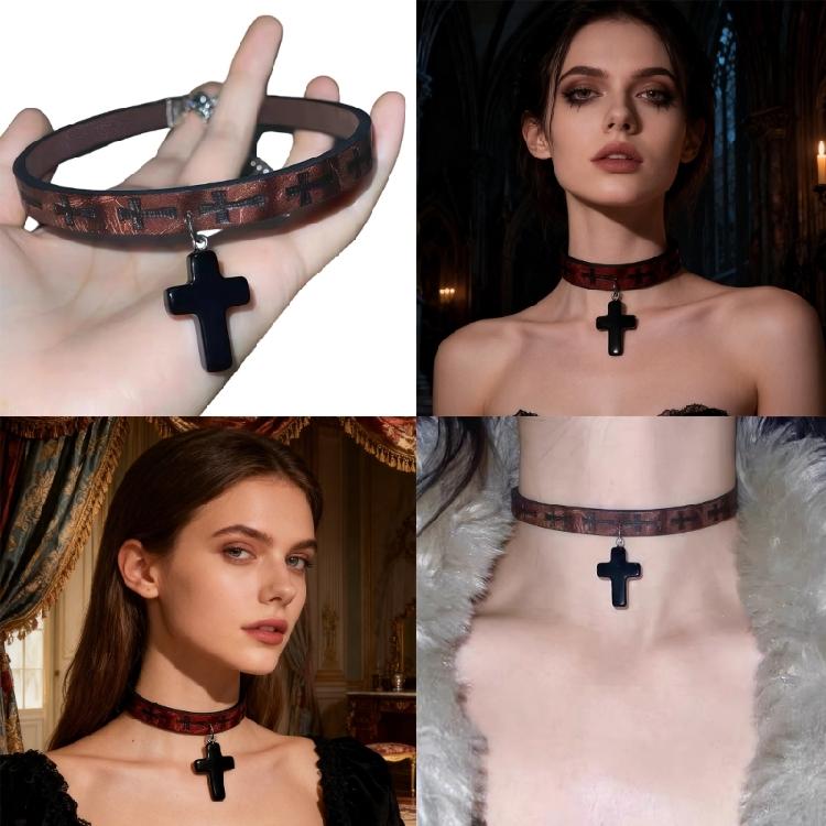 Retro Punk Style Leather Chokers With Crosses Pendant Adjustable Metal Clasp Alternative Jewelry Rocker Metal Leather Chokers