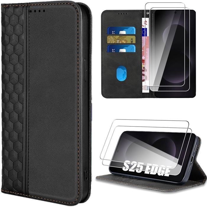 Coque pour Samsung Galaxy S25 Edge - BOOLING - Synthécuir Antichoc Noir - 2 Verres Trempés