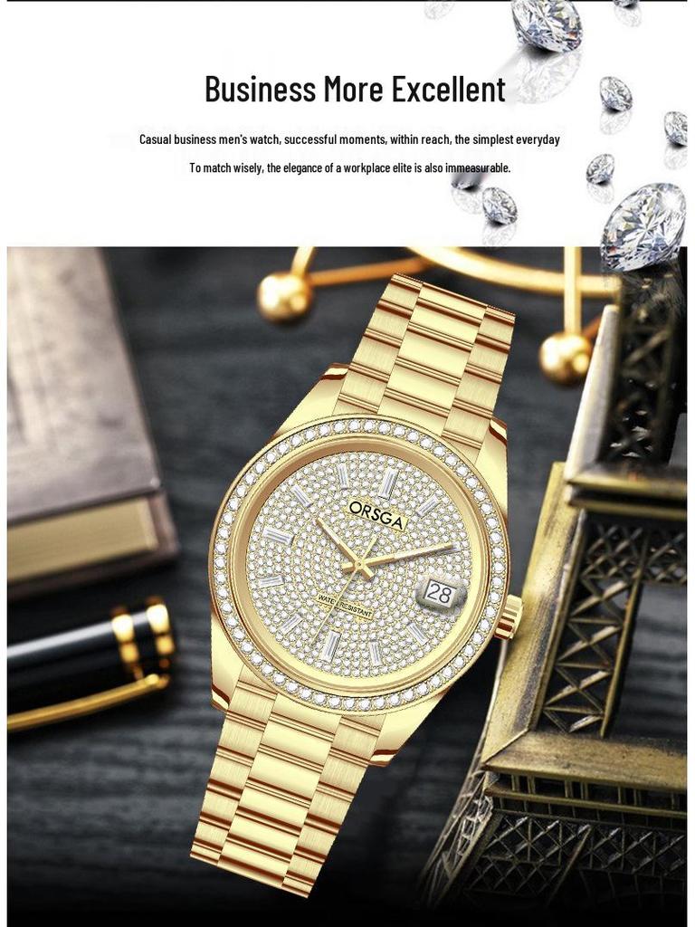 ORSGA Men's Luxury Quartz Watch with Star Design and Colored Diamond Accents