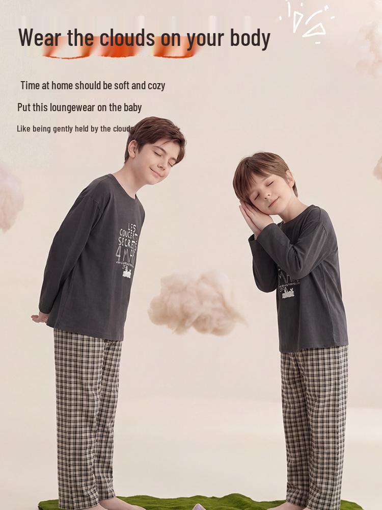 Boys' Long-Sleeve Pure Cotton Pajama Set for Spring, Summer, and Autumn - Ideal for Primary School-Aged Children.