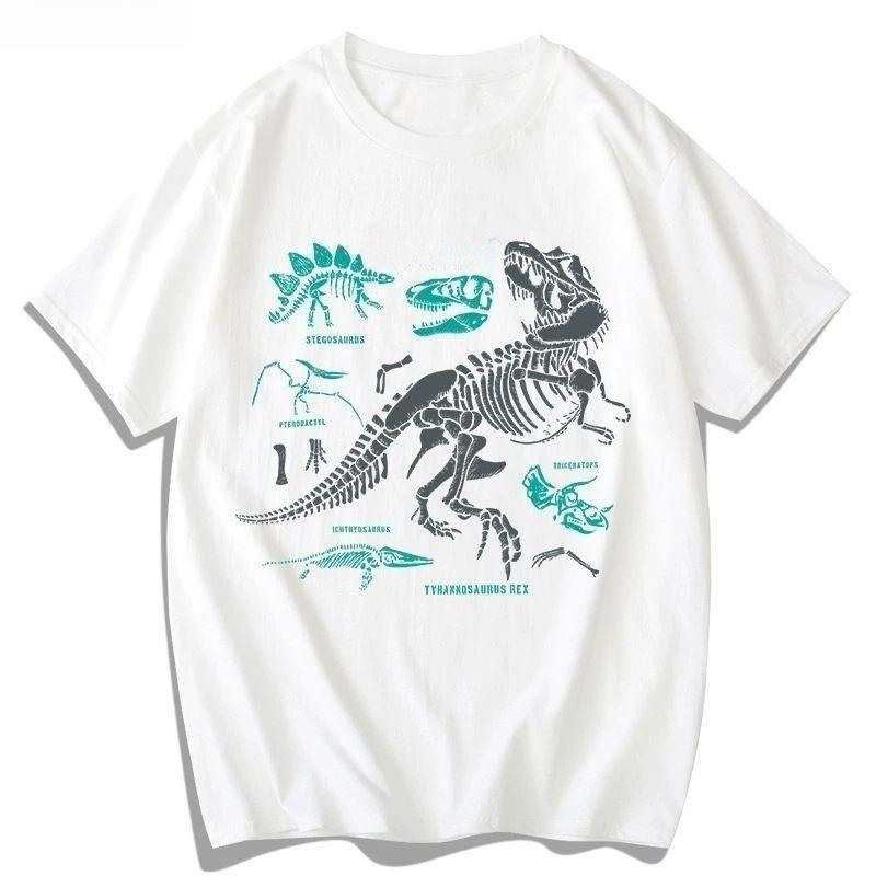 

2025 Autumn Fashionable and Comfortable Cotton T-shirt Dinosaur Skeleton Printing Men s and Women s Plus Size Couple T-shirt S