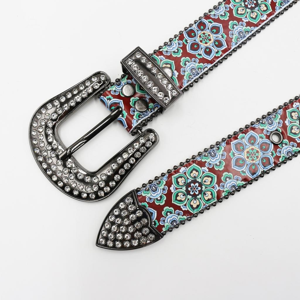 Rhinestone Belt Print High-end Pattern Women's Retro Ethnic Belt Flower Totem Ethnic Belt