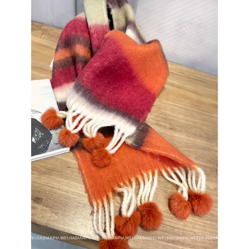 Only home, keep N strips for yourself! Real Rex Rabbit Hairball! Thick Hair Flu Pulled Tassel Striped Big Scarf Big