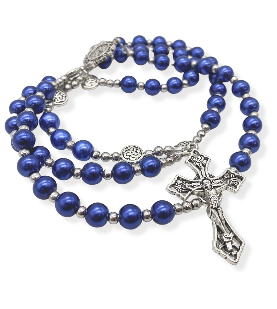 Nazareth Store Blue Pearl Beads Rosary Catholic Necklace Miraculous Medal Cross Silver Tone Rosary in Velvet Bag, 2XL, No Glass, No Gemstones