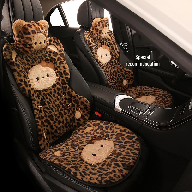 Leopard Print Kitten Cartoon Winter Plush Car Seat Cushion for ORA Good Cat, Ballet Cat, or Lightning Cat