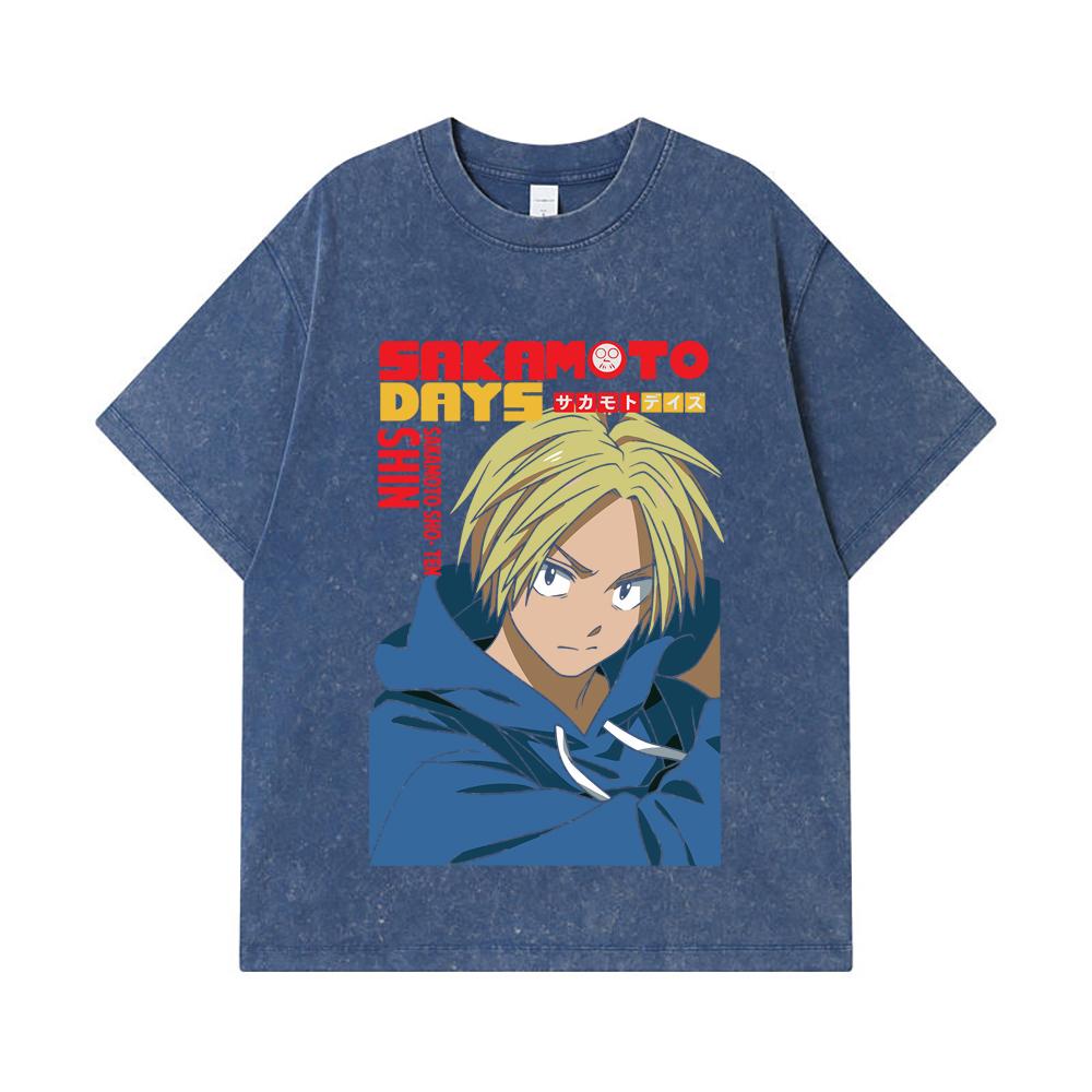 275 GSM Washed T-shirts 100% Cotton Sakamoto Days V8 Shin Print Unisex Heavy Cotton T Shirt