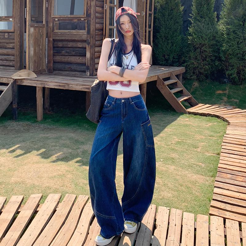 Yellow Cargo Jeans Women High Waist Loose Wide Leg Pants