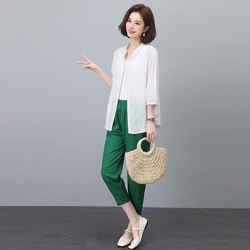 

Женский летний повседневный костюм 2025: Комплект из двух предметов: топ с коротким рукавом и брюки длиной семь восьмых XL