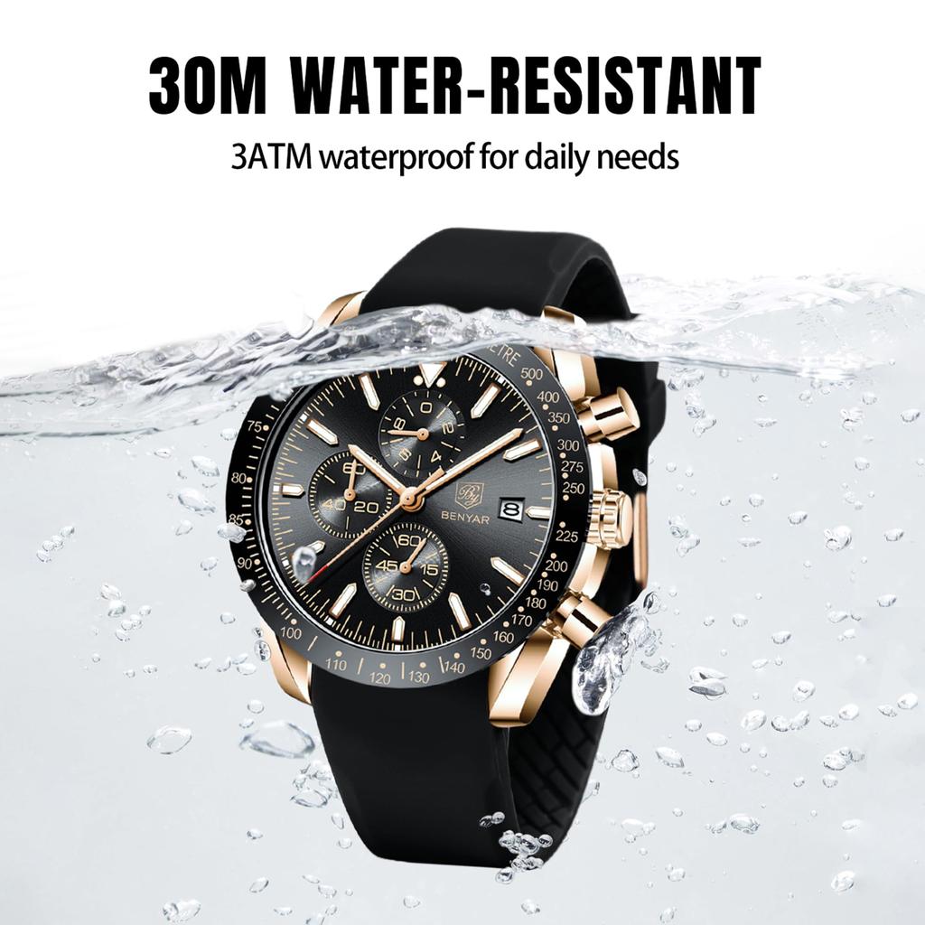 BY BENYAR Watch Watch Chronograph Analog Watch 30M Water Resistant Business Simple Stylish Popular Formal Leather Belt Quartz Watch Gift for Men Black