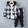 Kids Clothes Autumn/Winter Boys' Long-Sleeved Checkered Contrast-Colour Hooded Two-Piece Set (Top + Trousers)