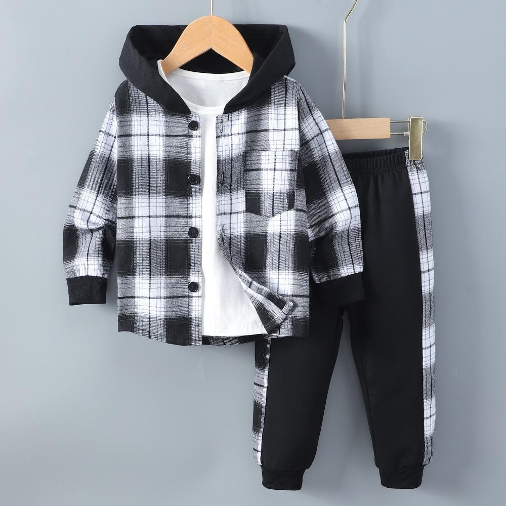 Kids Clothes Autumn/Winter Boys' Long-Sleeved Checkered Contrast-Colour Hooded Two-Piece Set (Top + Trousers)