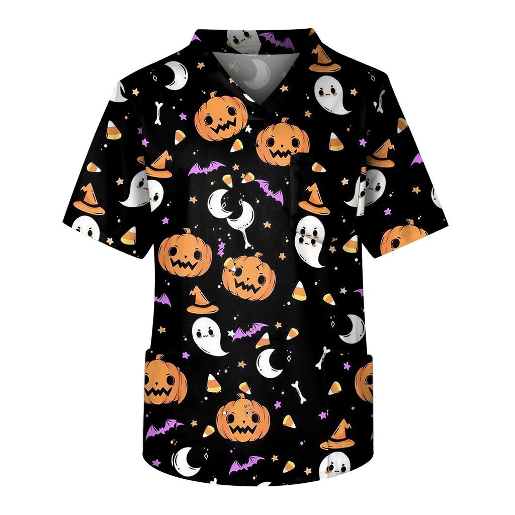 Fashion Men's Short Sleeve V Neck Halloween Printing Working Chest Pocket Carer Top
