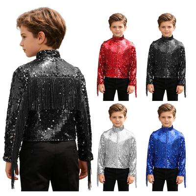 Boys Jazz Dance Cowboy Party Jacket Glittery Sequin Long Sleeve Mock Neck Front Zipper Tassel Fringe Coat Outerwear