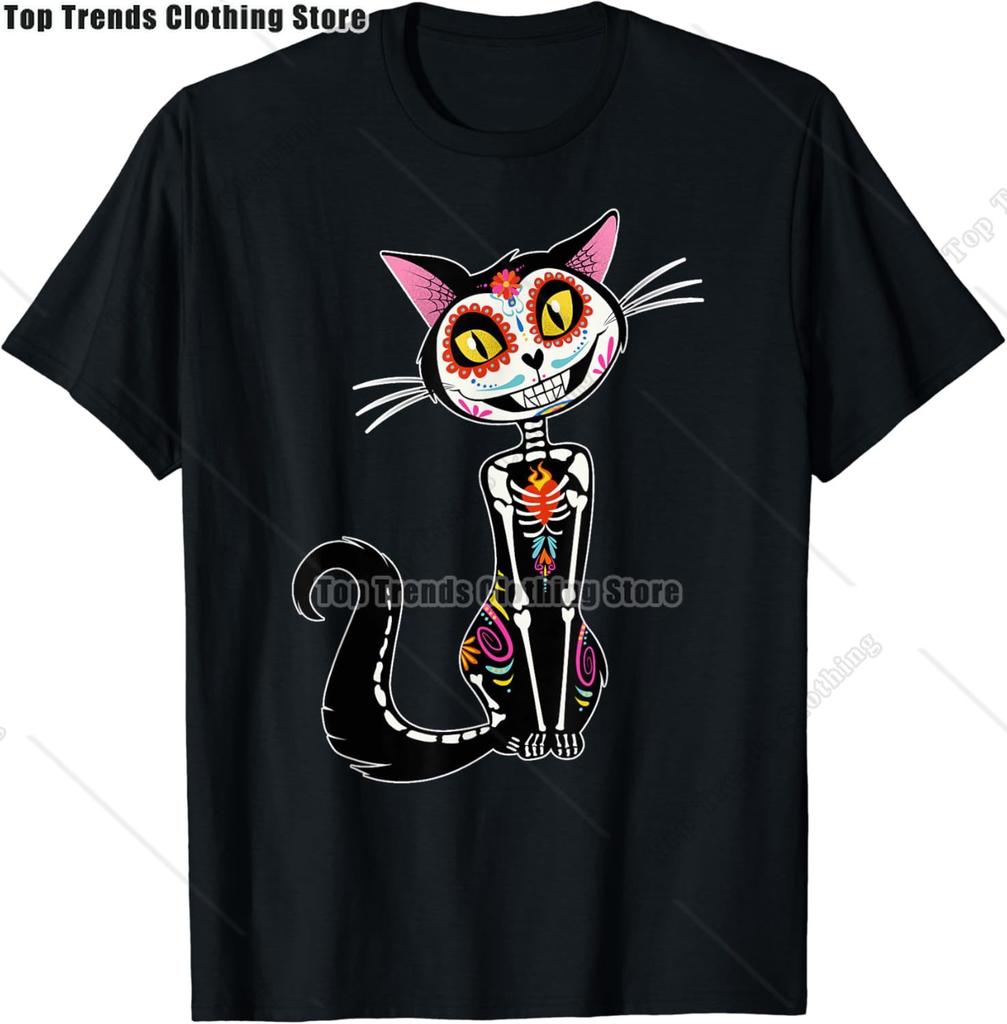 Cute Sugar Skull Cat Dia De Los Muertos Day of The Dead TShirt Mexican Summer Fashion Short Sleeved Tee TopsCasual Tshirt