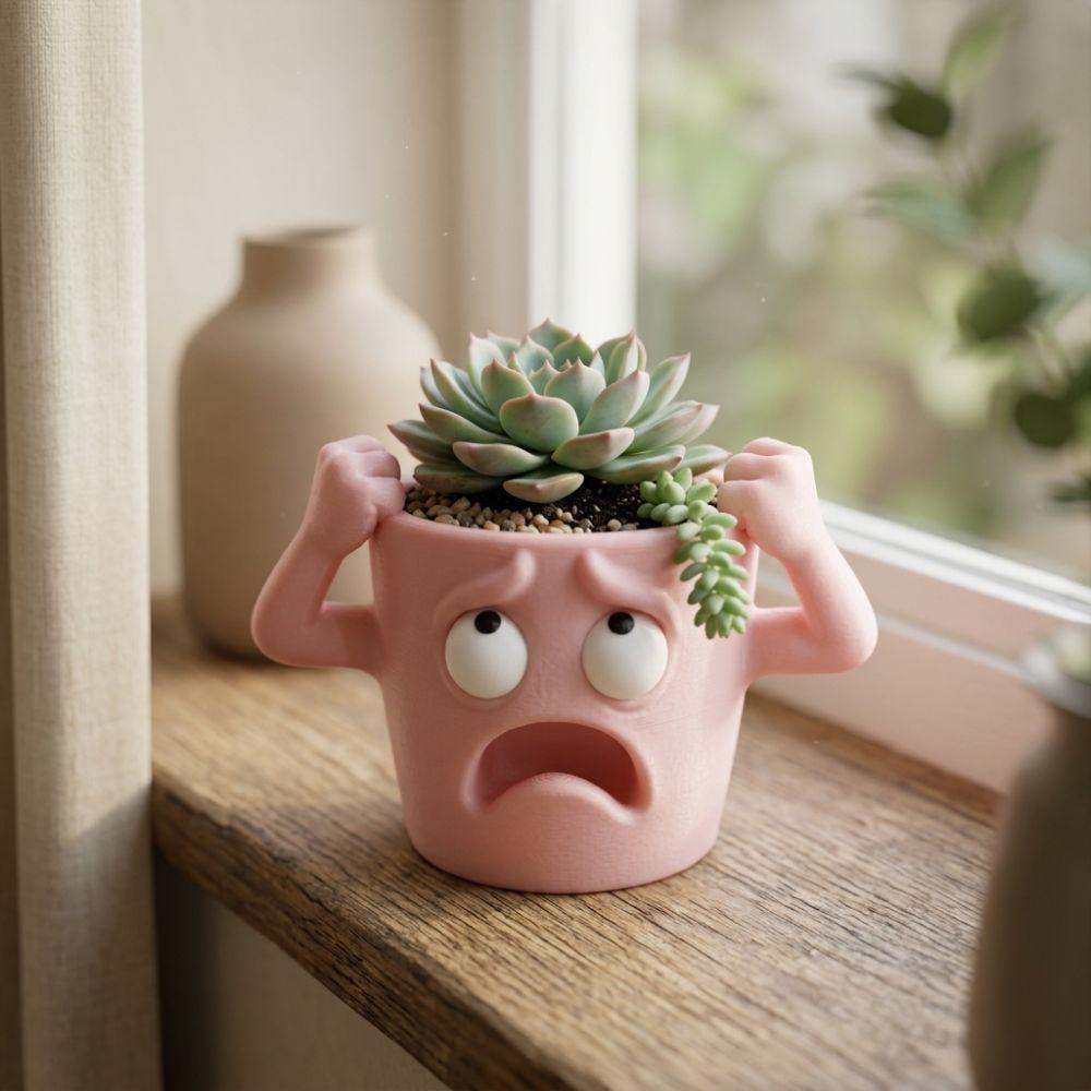 3D Printed Shocked Expression Plant Pot Humorous Face Small Plant Container Indoor/Outdoor Use