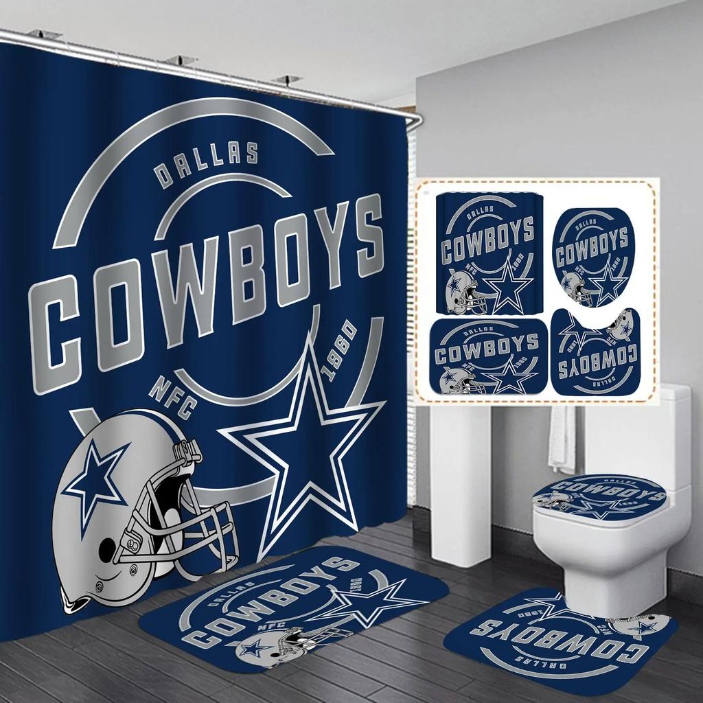 White Navy Blue American Football Shower Curtain Set,Modern Texas Star Rugby Athlete Helmet Sports Bathroom Set Non-Slip Mat Rug