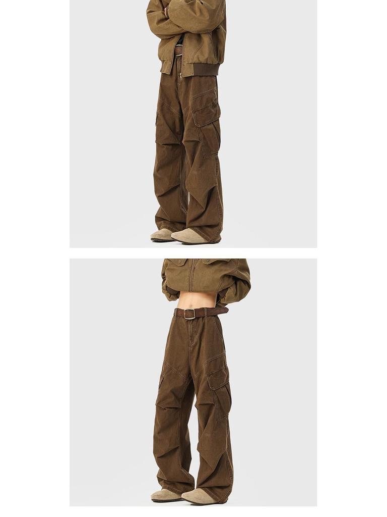 Men's Mylar Brown Cargo Pants: American Retro Multi-Pocket, Autumn/Winter CleanFit Micro-Flare Jeans