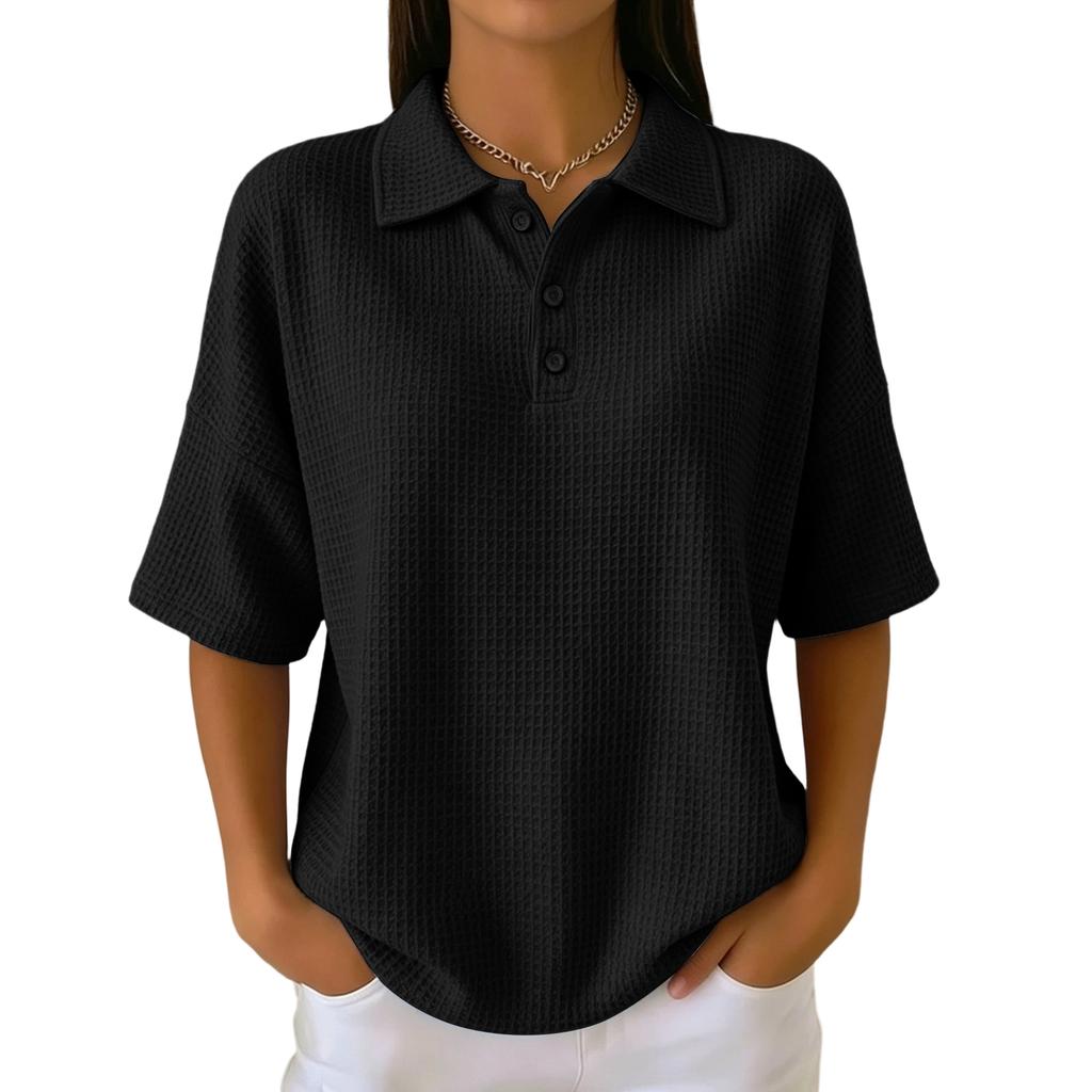 Women’s Knit Short Sleeve Polo Shirt with Button Front and Relaxed Fit for Casual and Everyday Wear