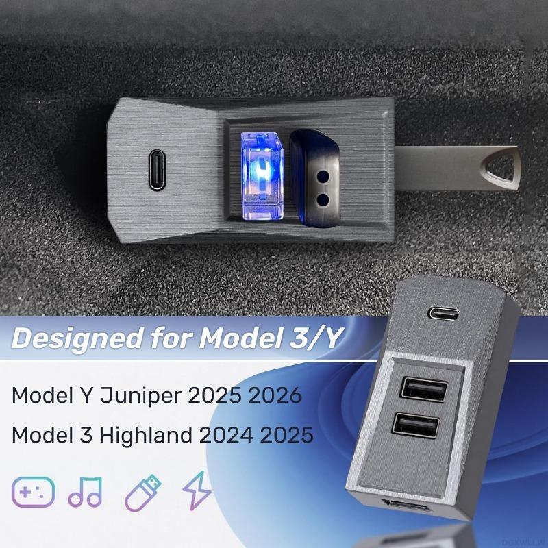 For Tesla Model Y/YL Launch Juniper 2025 Model 3Highland 2024-2026 Glovebox USB Hub Type-C Port Digital Splitter Docking Station