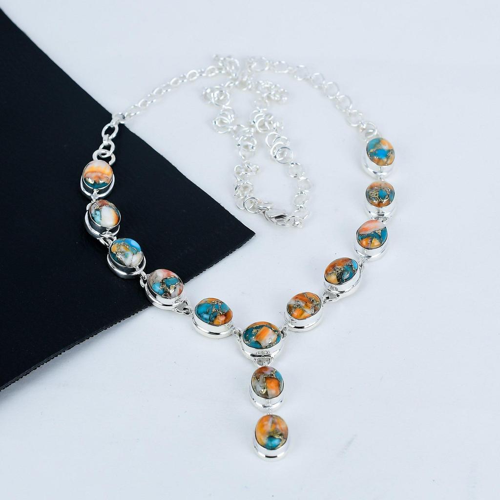 Natural Orange Spiny Oyster Gemstone Handmade 925 Sterling Silver Necklace, Orange Spiny Oyster Silver Necklace For Wife, Unisex Necklace, Easter Gift