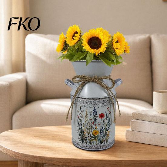 Farmhouse Decor Vase Vintage Iron Flower Bucket, Rustic White Double-Handle Metal with Floral Print & Jute Dried Holder Bow, Tabletop for