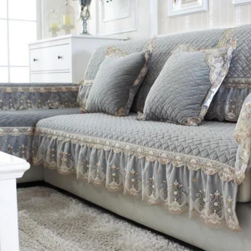 European Style Large Skirt Sofa Mat Four Seasons Short Plush Anti Slip Sofa Cover Simple Lace Solid Color Backrest Towel