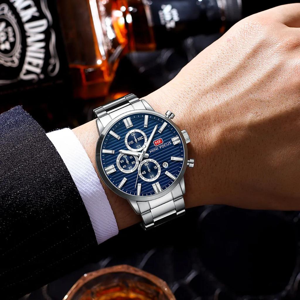 Luxury Men Quartz Watch Chronograph 24H Display Calendar Date Luminous Pointer Stainless Steel Strap Wristwatch
