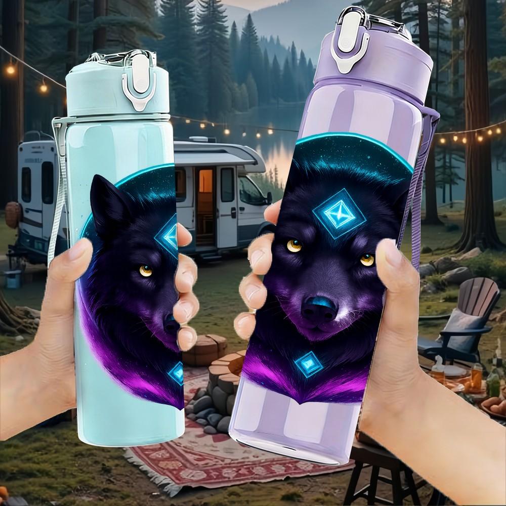 1PC Purple Glowing Wolf Head 750ml Color Plastic Sports Water Bottle Leakproof Flip Straw Lid Suitable for Sports Office Home Use